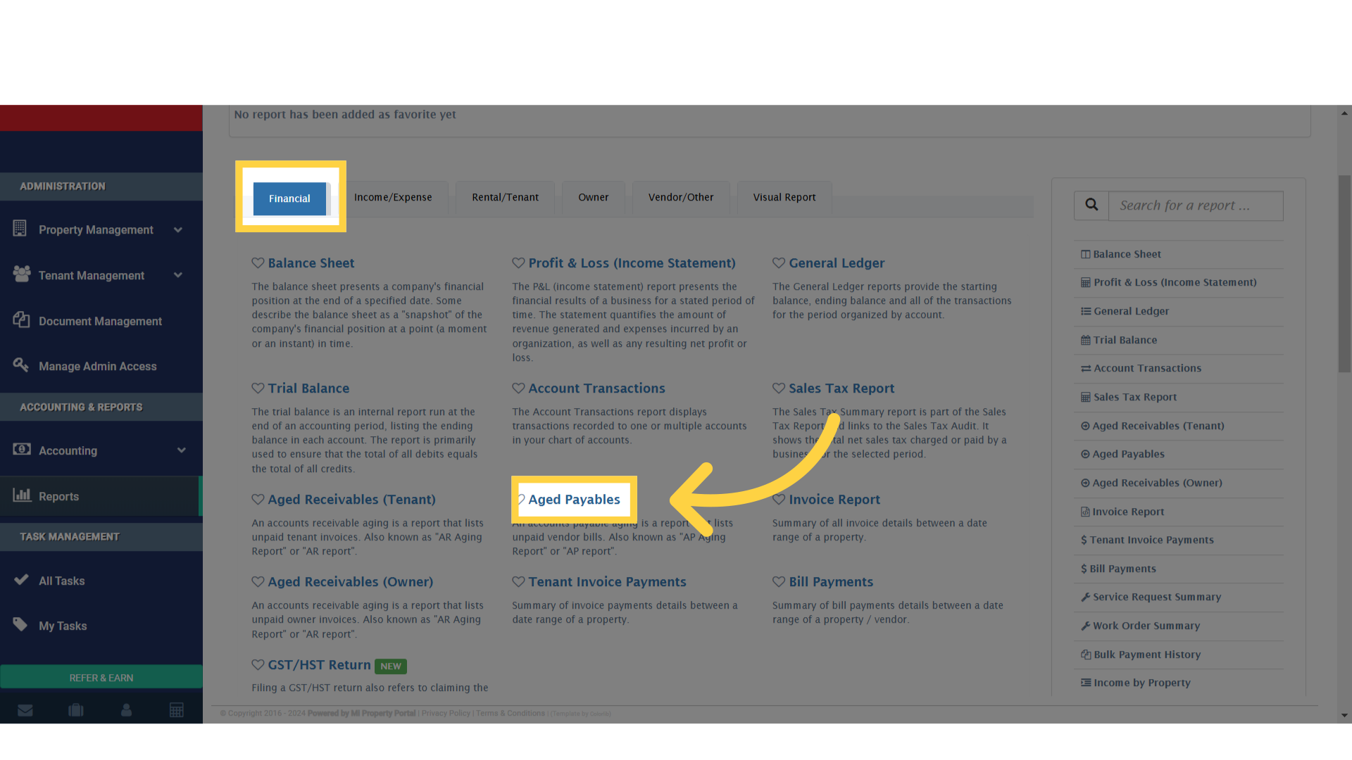 click on Aged Payables under Financial tab