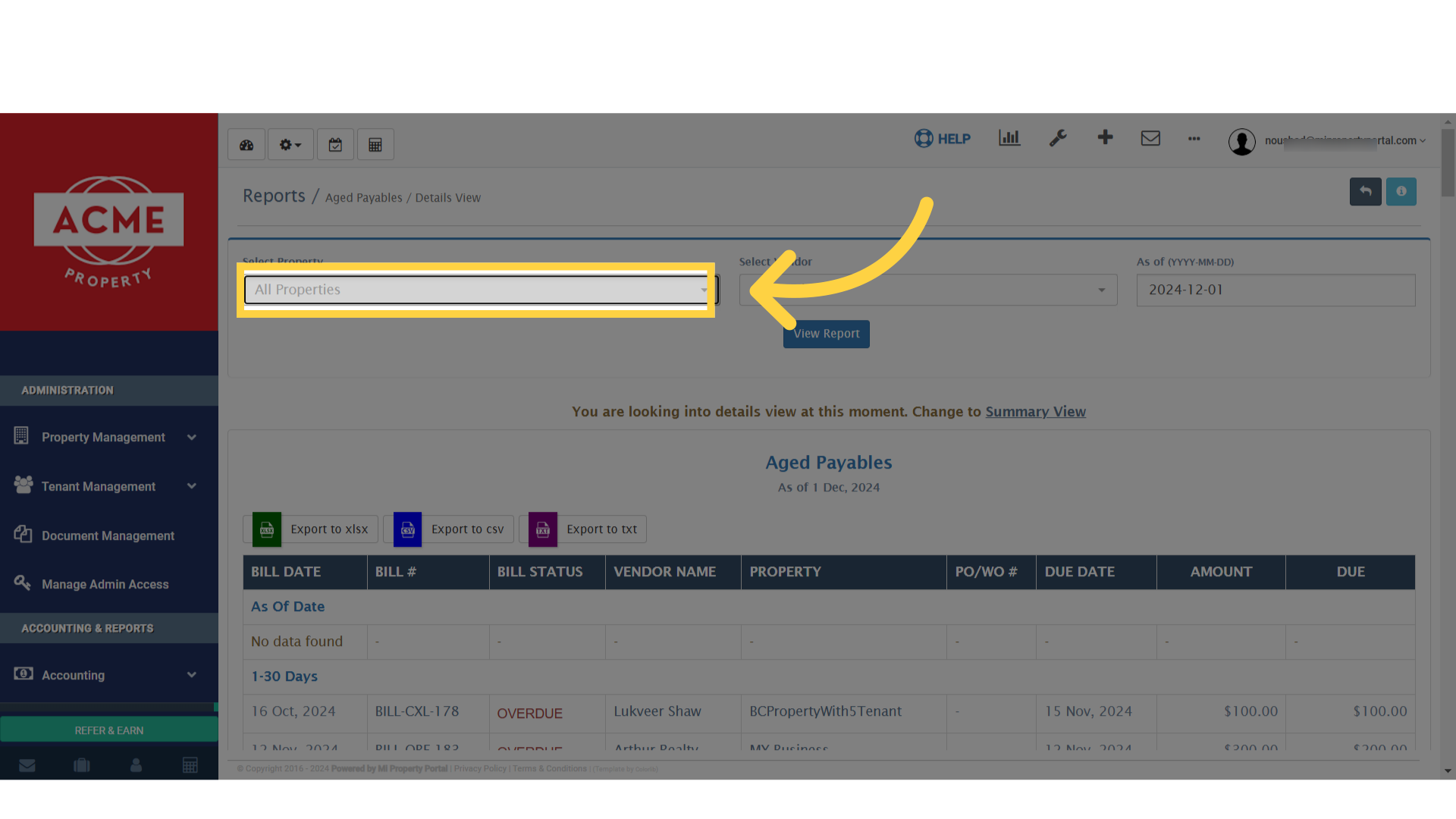 Complete the field under Select Property by choosing or selecting the specific property