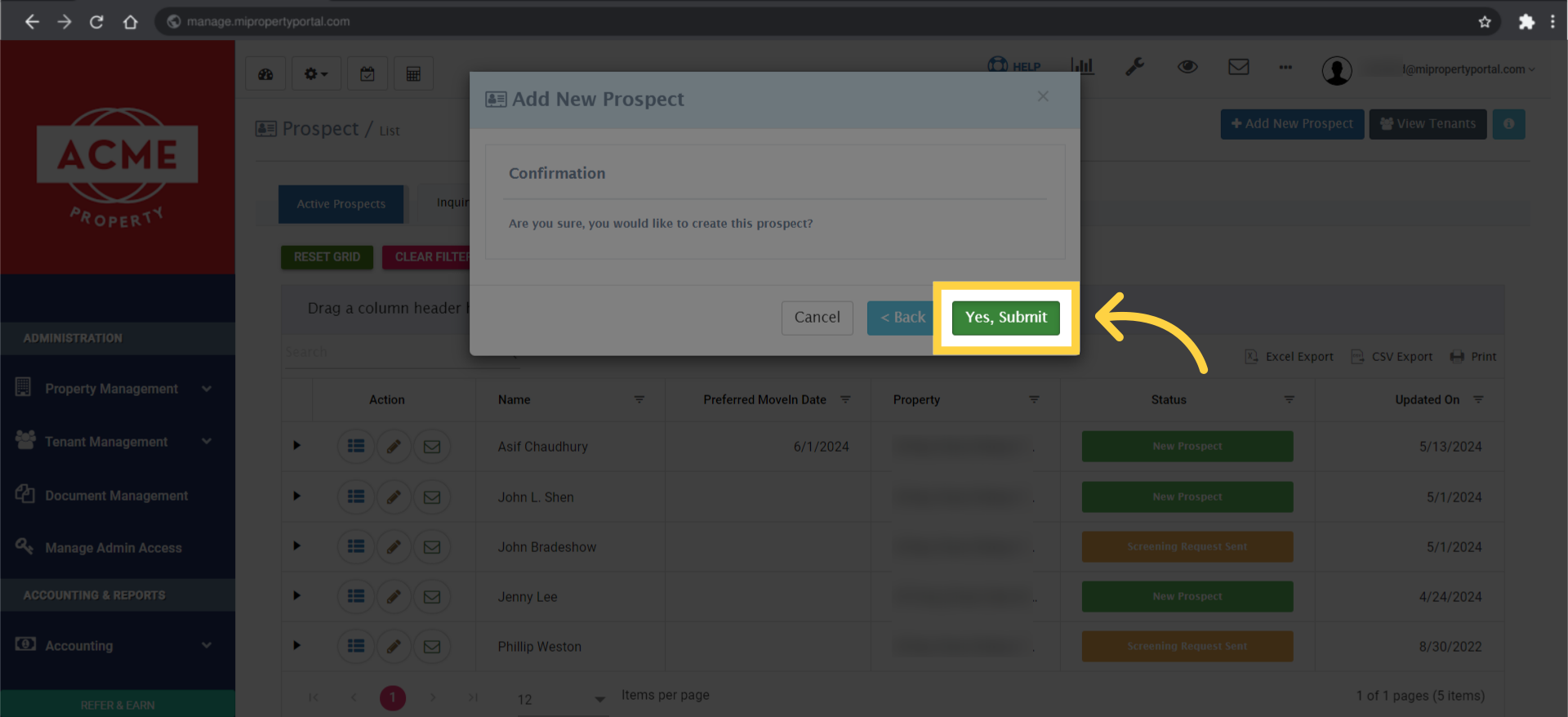 Confirm the submission by clicking on 'Yes, Submit.'