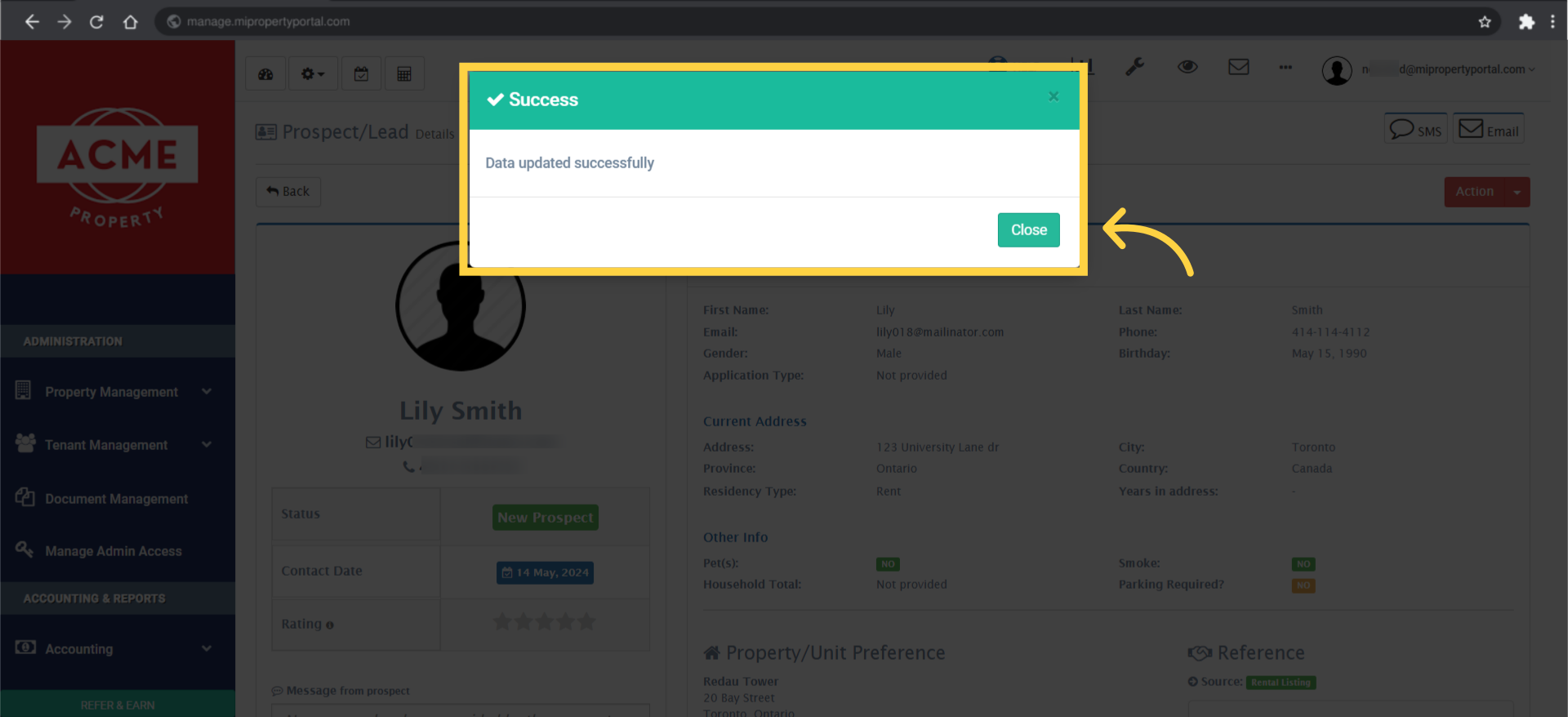 Close the 'Prospect Added Successfully' pop-up confirmation.