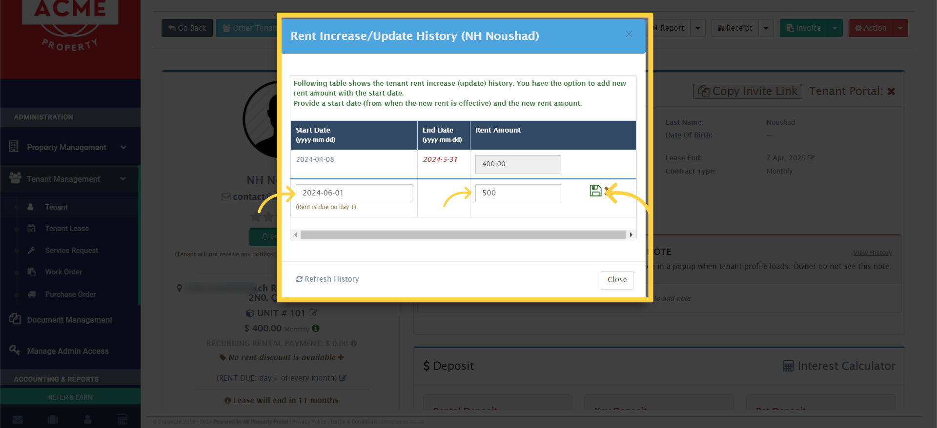 you’ll be prompted to set a 'New Start Date' & 'New Rent Amount'