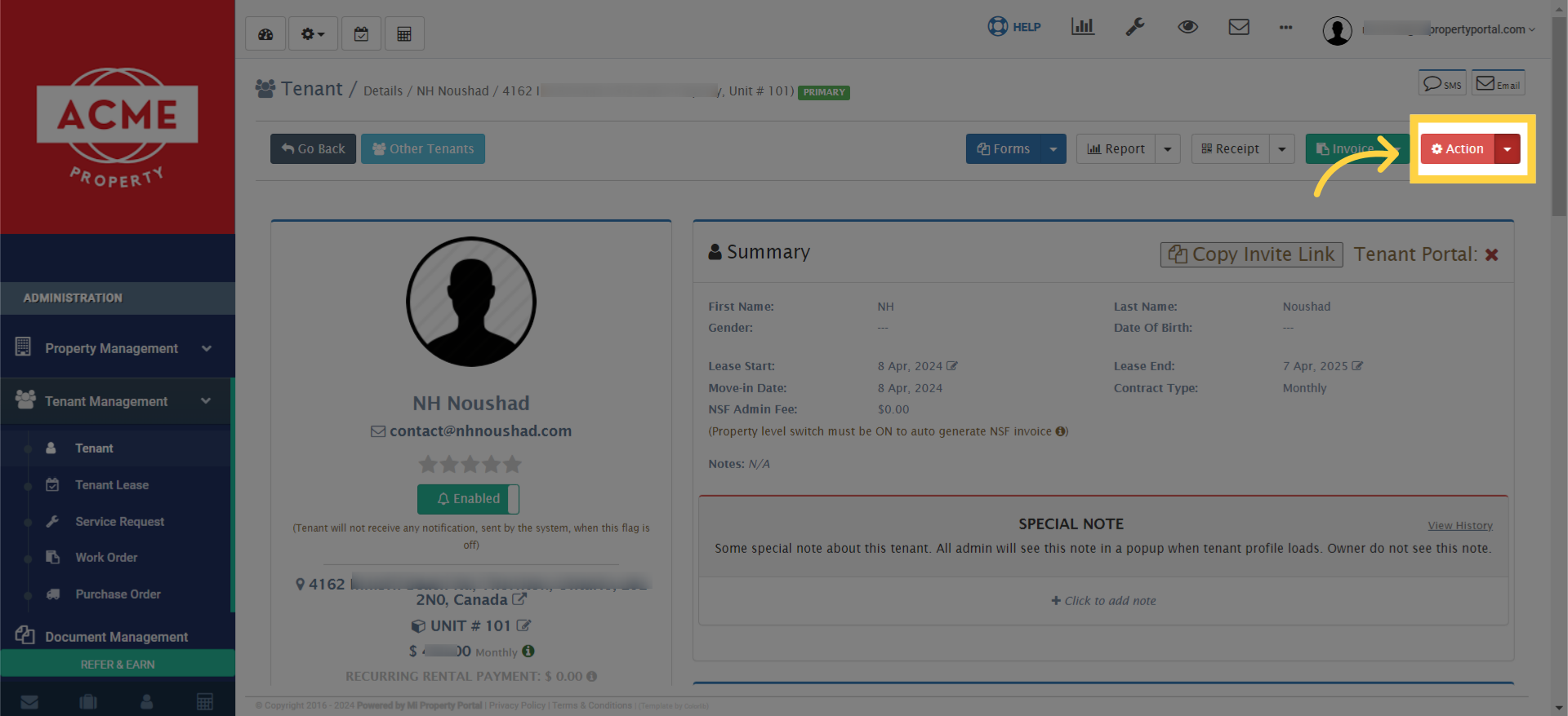 Inside the tenant’s profile, look for the 'Action' button at the top-right corner