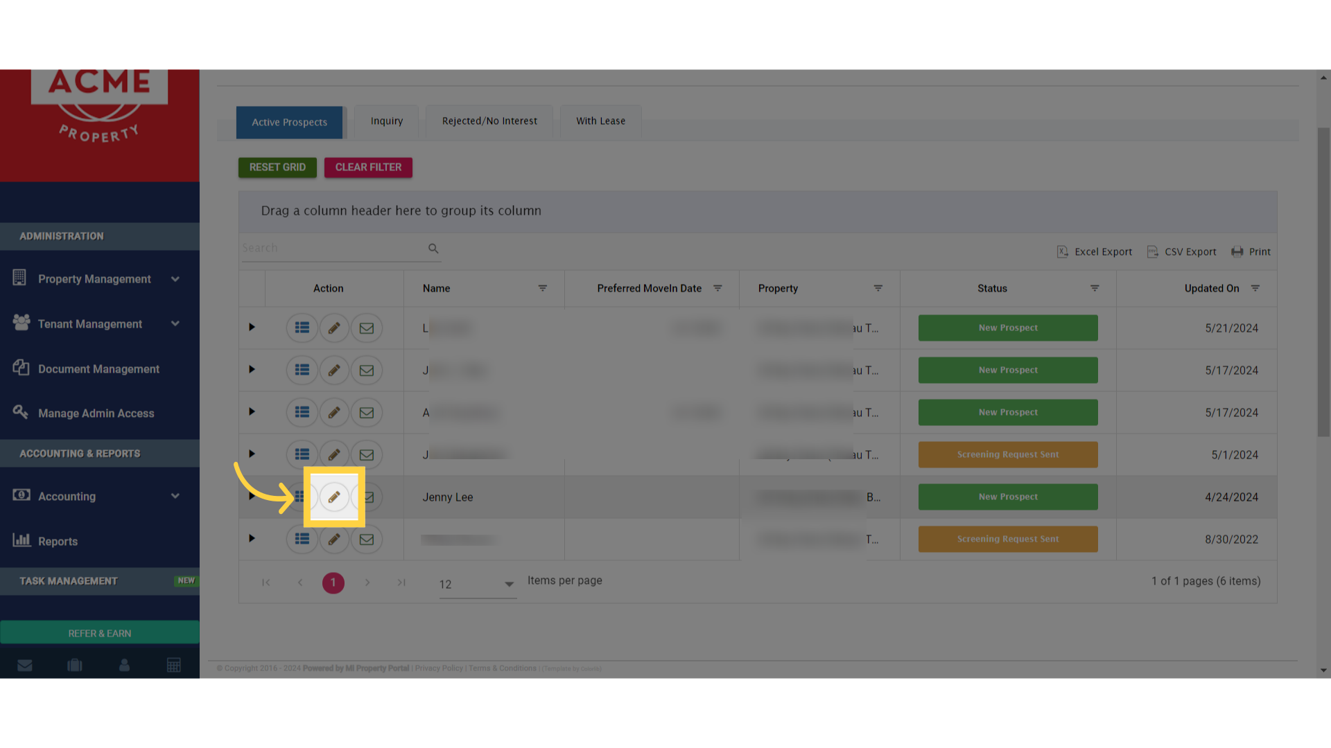 To edit a tenant's details, find them on the list and click the 'Pencil/Edit' icon next to their name