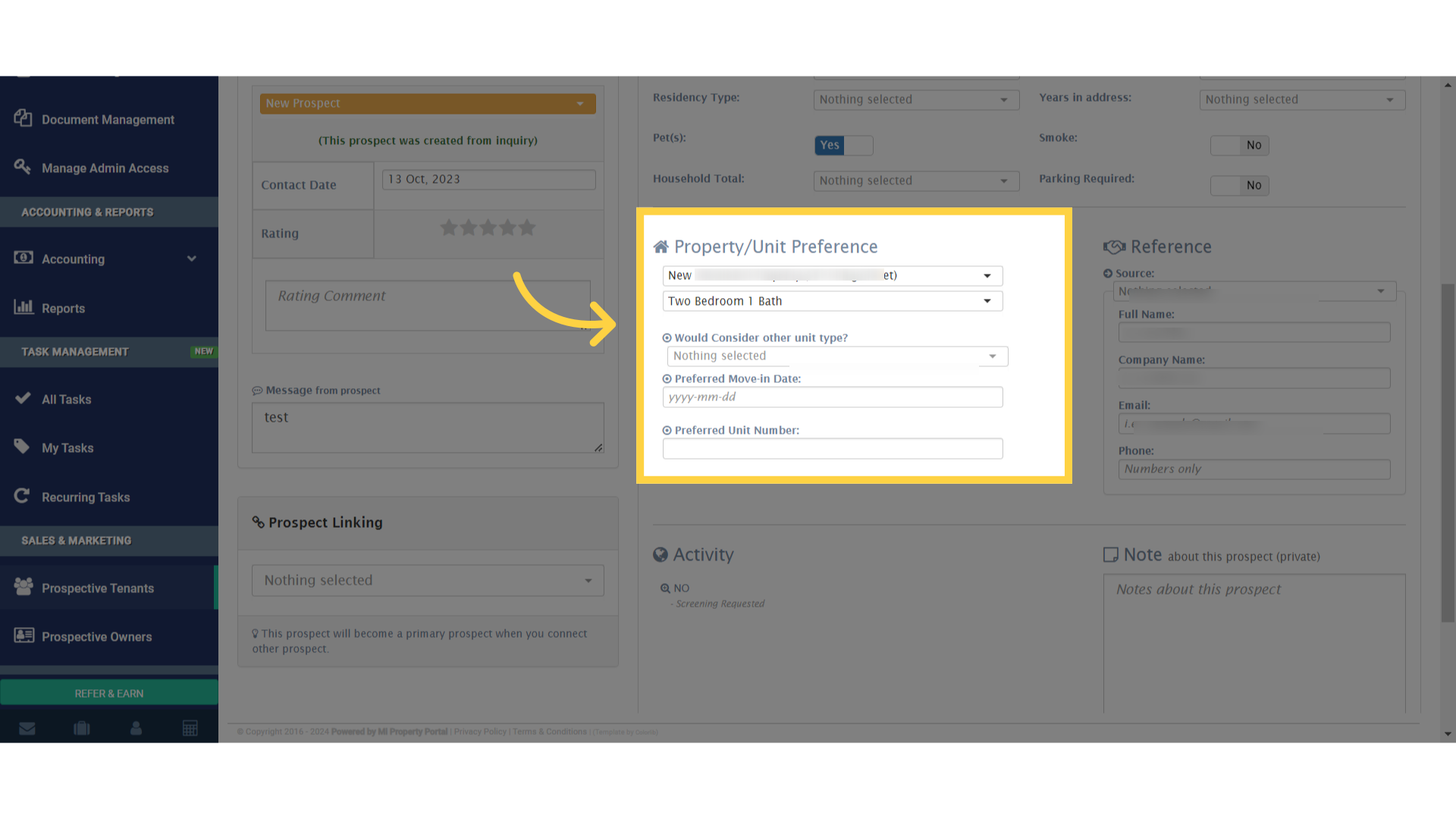 If needed, you can also update the 'Property/Unit Preference' field to match the tenant's preferences