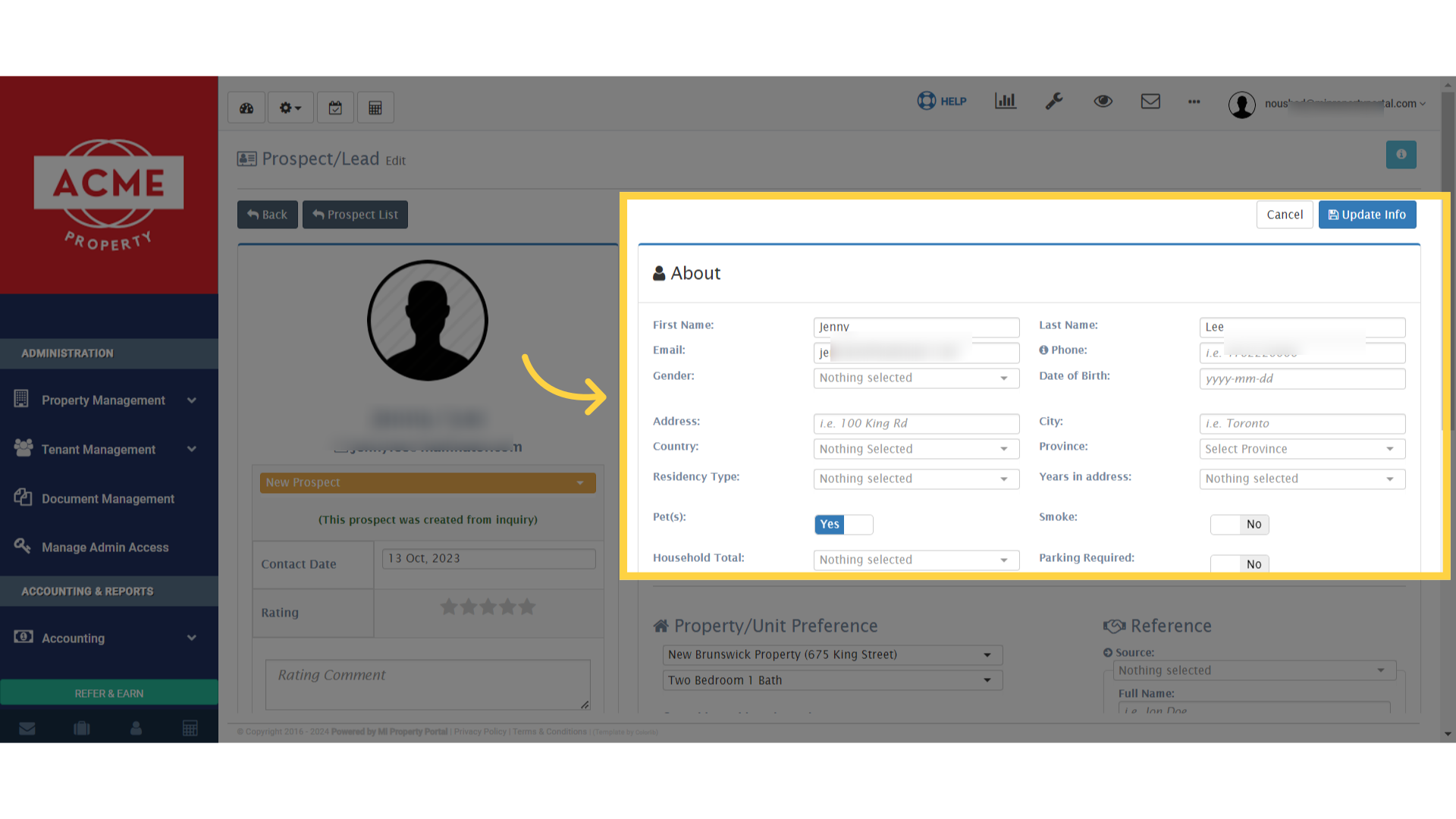 This will open the Tenant/Edit page, where you can update the tenant's contact information and more