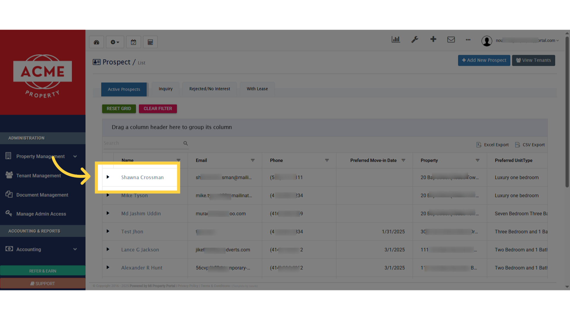 To edit a tenant's details, find them on the list and click on their specific name