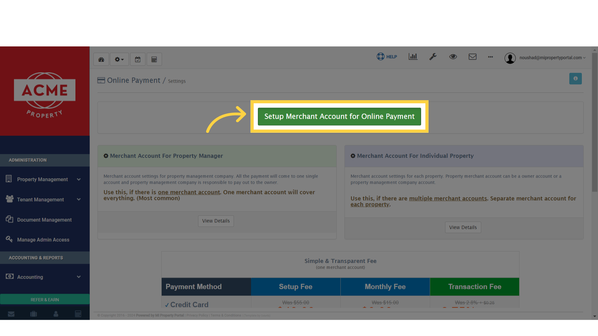 Click 'Setup Merchant Account for Online Payment'