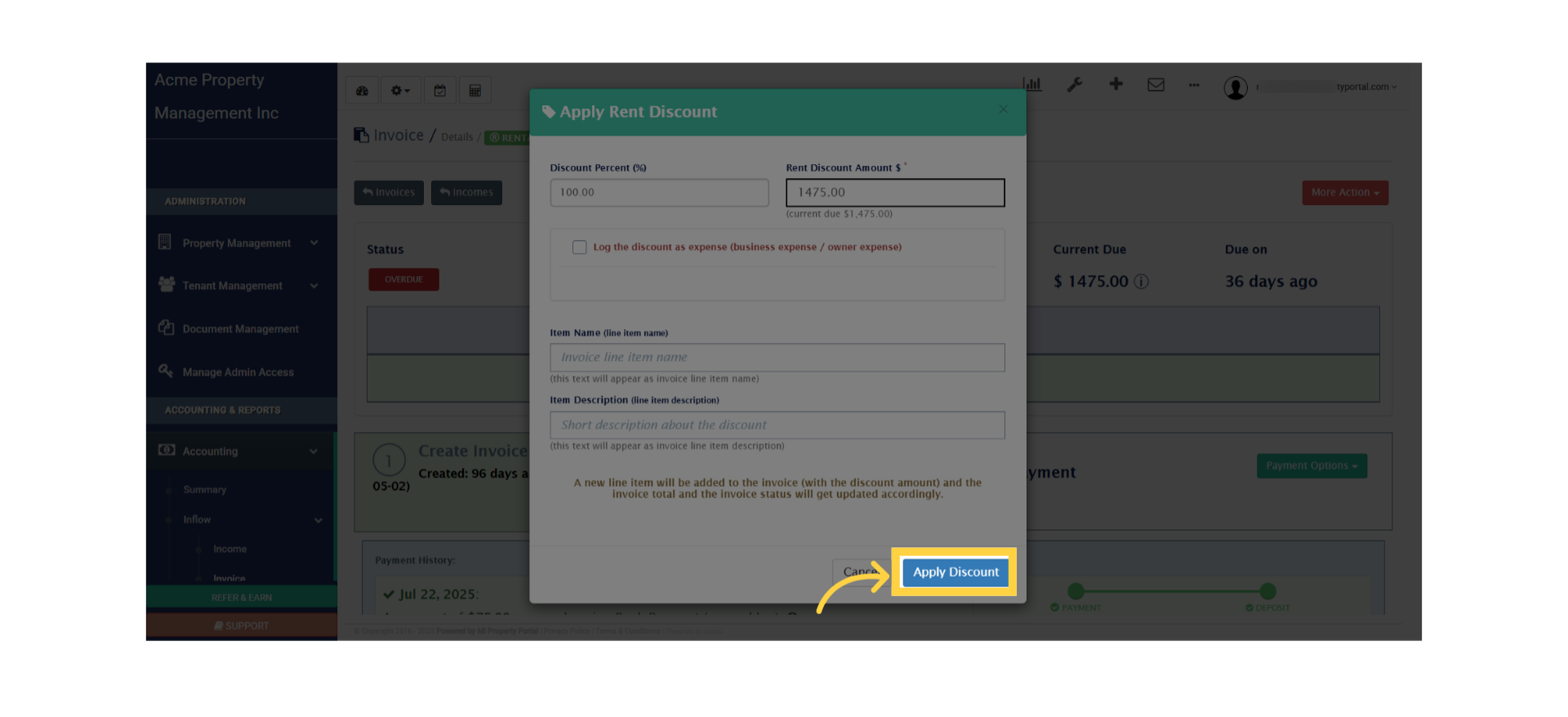 Click 'Apply Rent Discount'