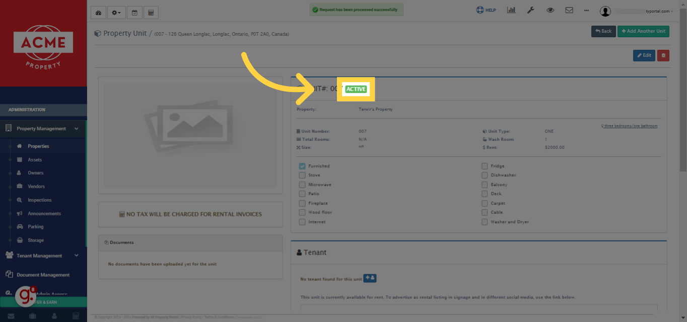 Congratulations! You've successfully added a unit to your property management system, and it's now marked as 'ACTIVE.'