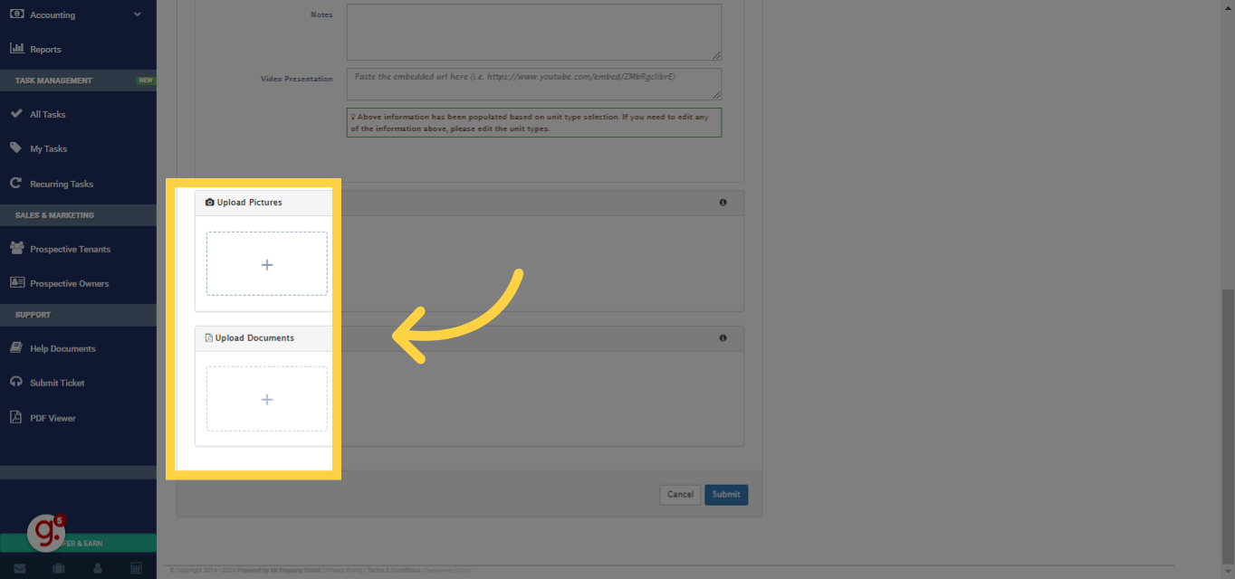 You have the option to upload pictures & documents of the unit, /pause/ though this step is optional.