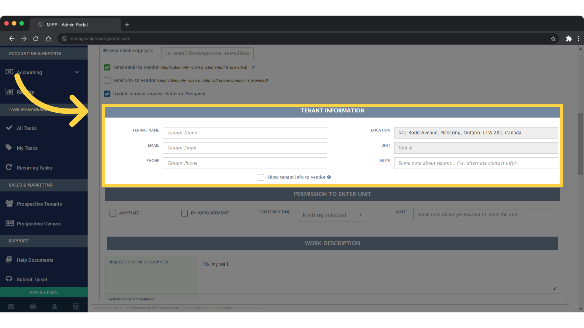 Click on TENANT INFORMATION