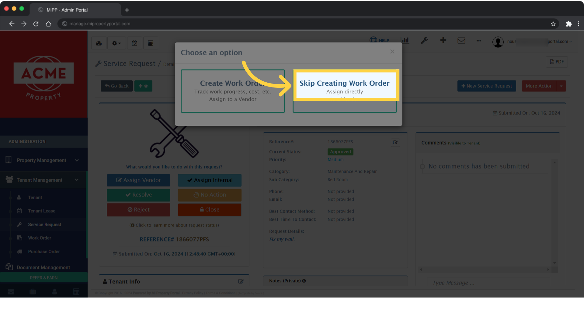Click on 'Skip Creating Work Order'