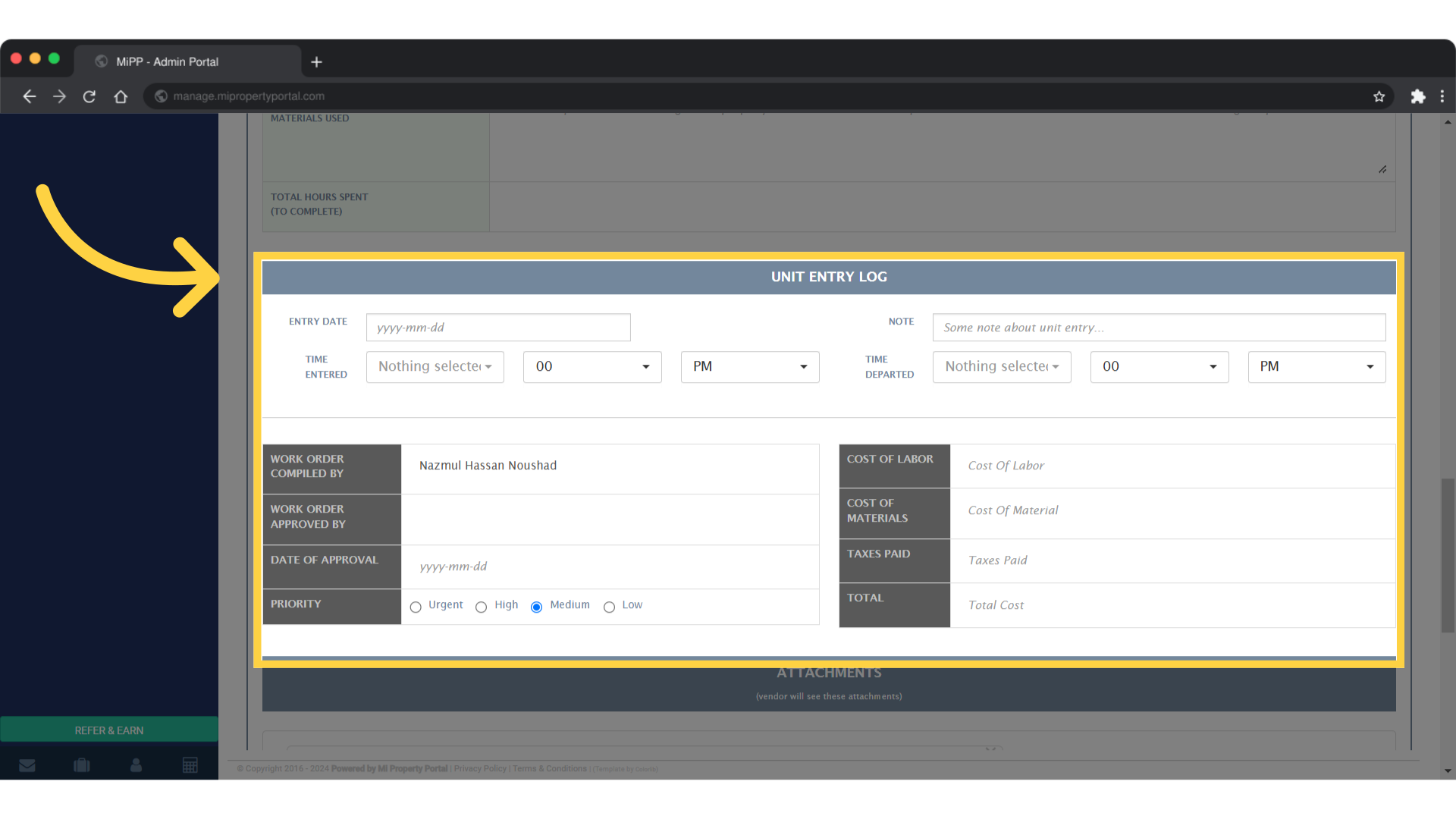Fill the required fields under UNIT ENTRY LOG