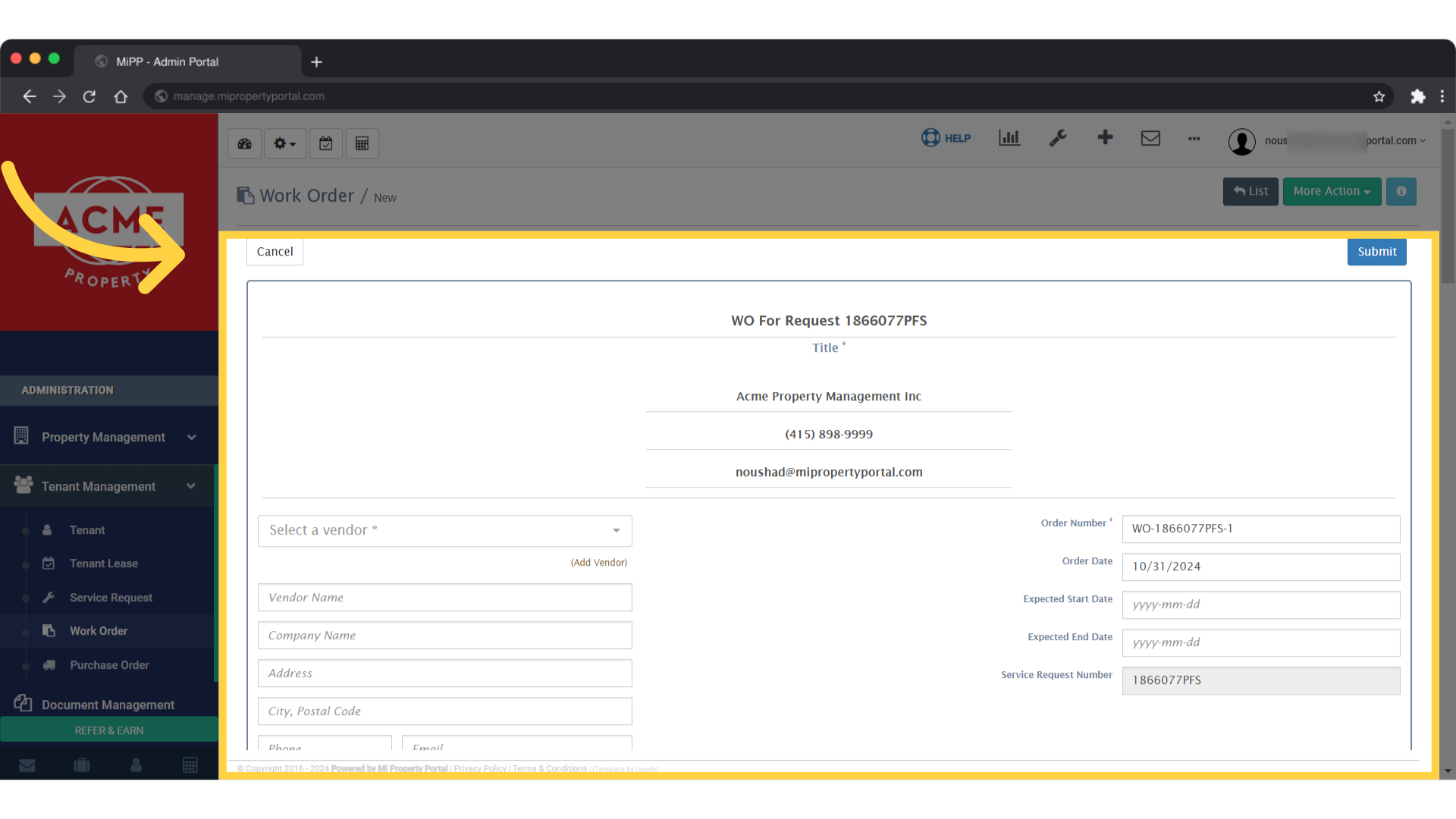 For Work Order Request, fill in the required fields with accurate information