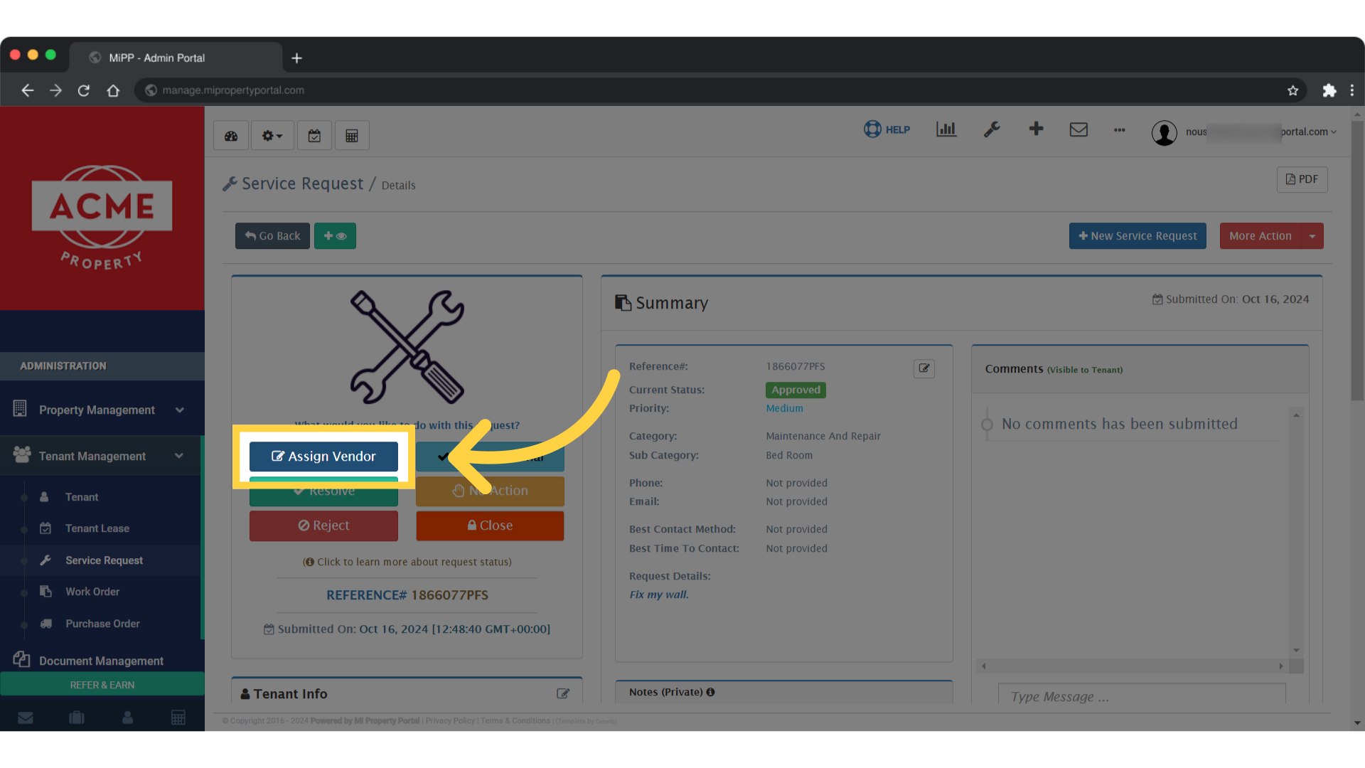 On the Service Request/Details page, click on Assign under the Spanner and Screwdriver image