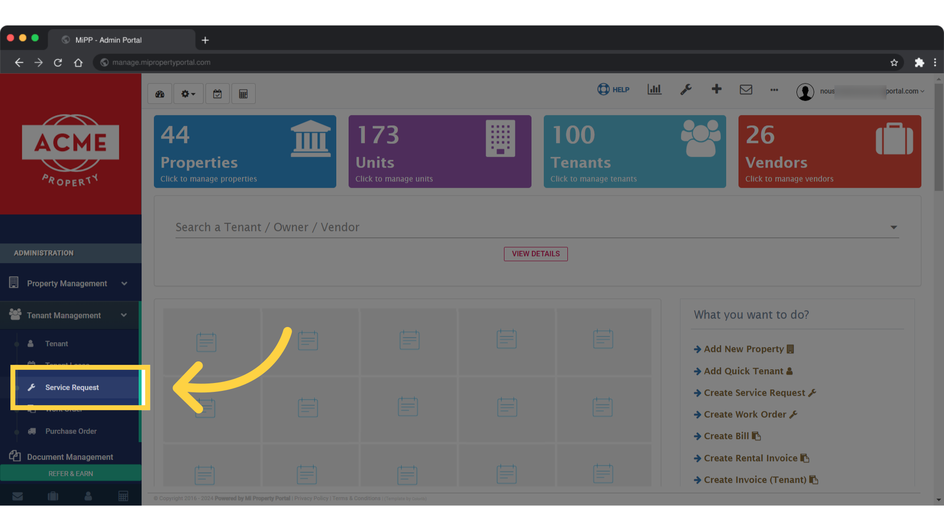 Click on Service Request under Tenant Management dropdown