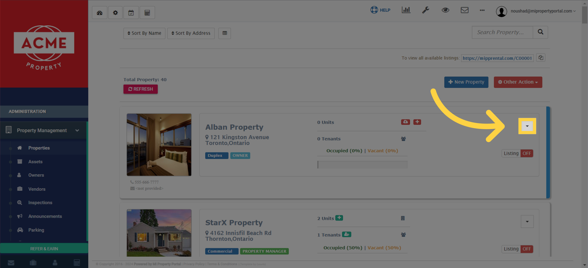Find the property you'd like to work with and click on the dropdown menu next to it.