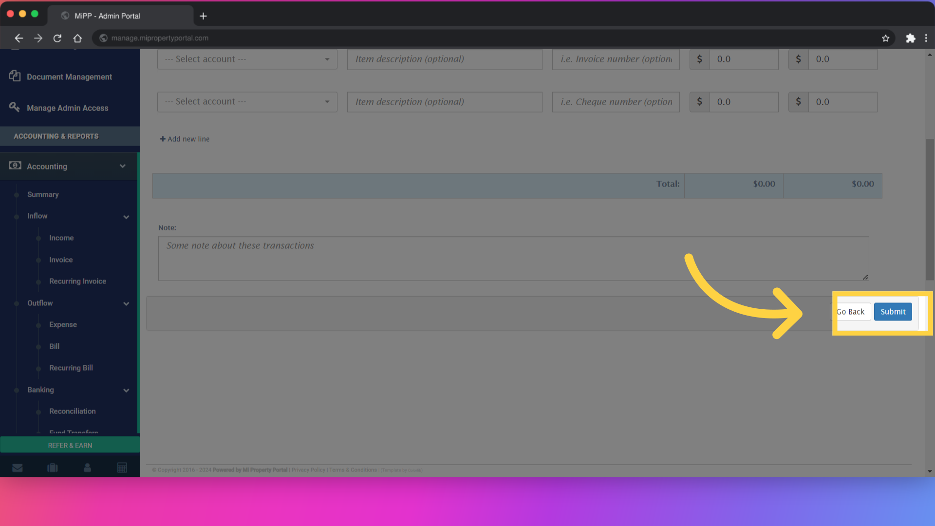 Click on 'Submit' to save the journal transaction