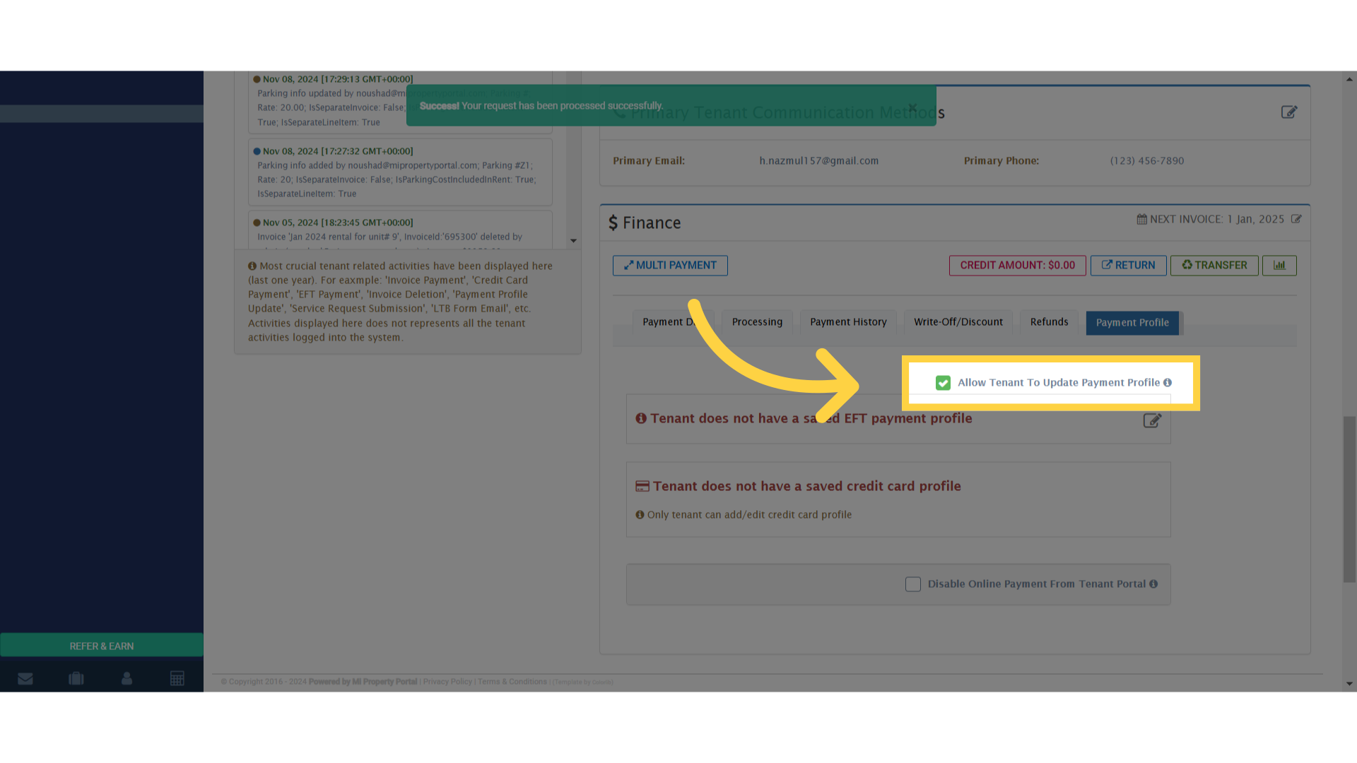Click 'Allow Tenant To Update Payment Profile'