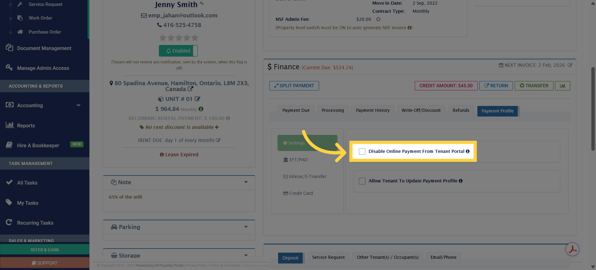 Click 'Allow Tenant To Update Payment Profile'