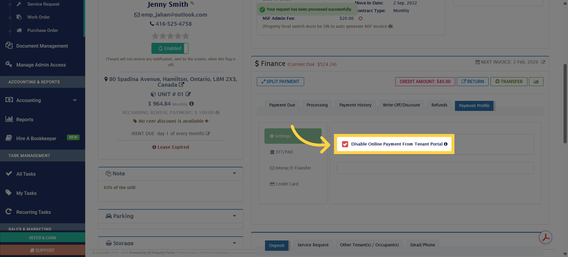 Click 'Allow Tenant To Update Payment Profile'