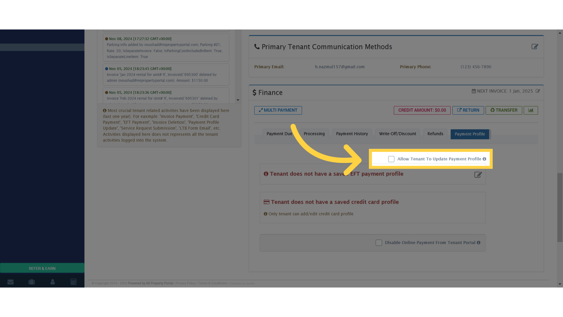 Click 'Allow Tenant To Update Payment Profile'