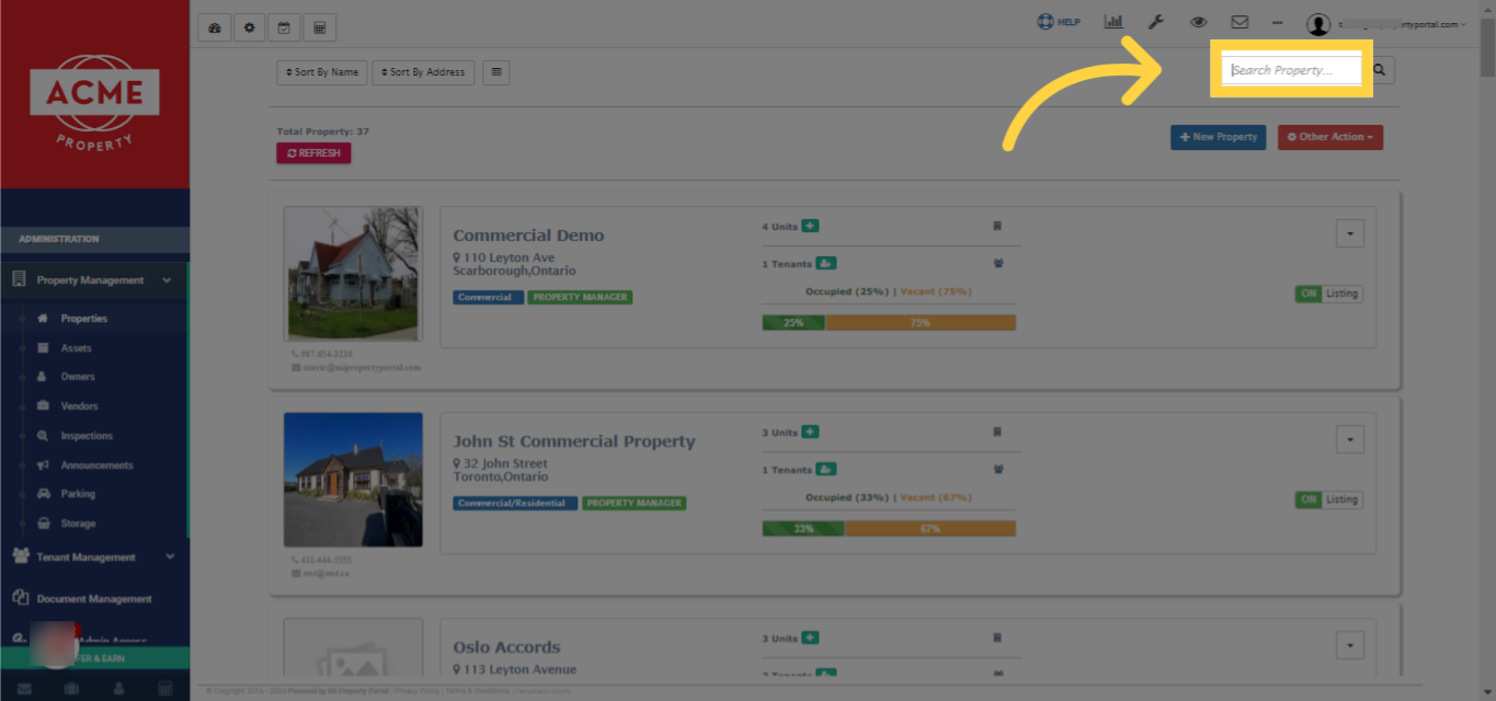 Next, use the Search box at the top of the screen to find the property