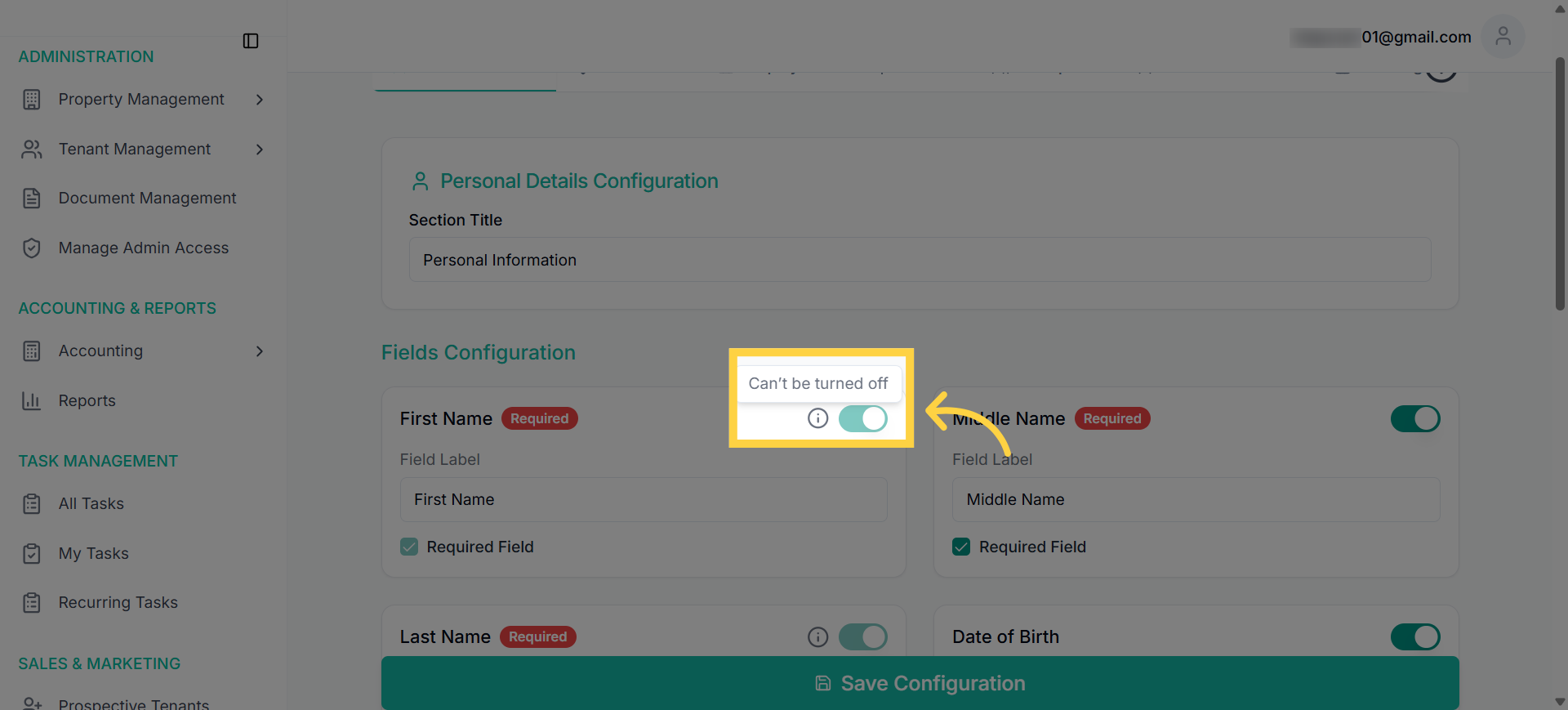 Non-toggleable and default required fields
