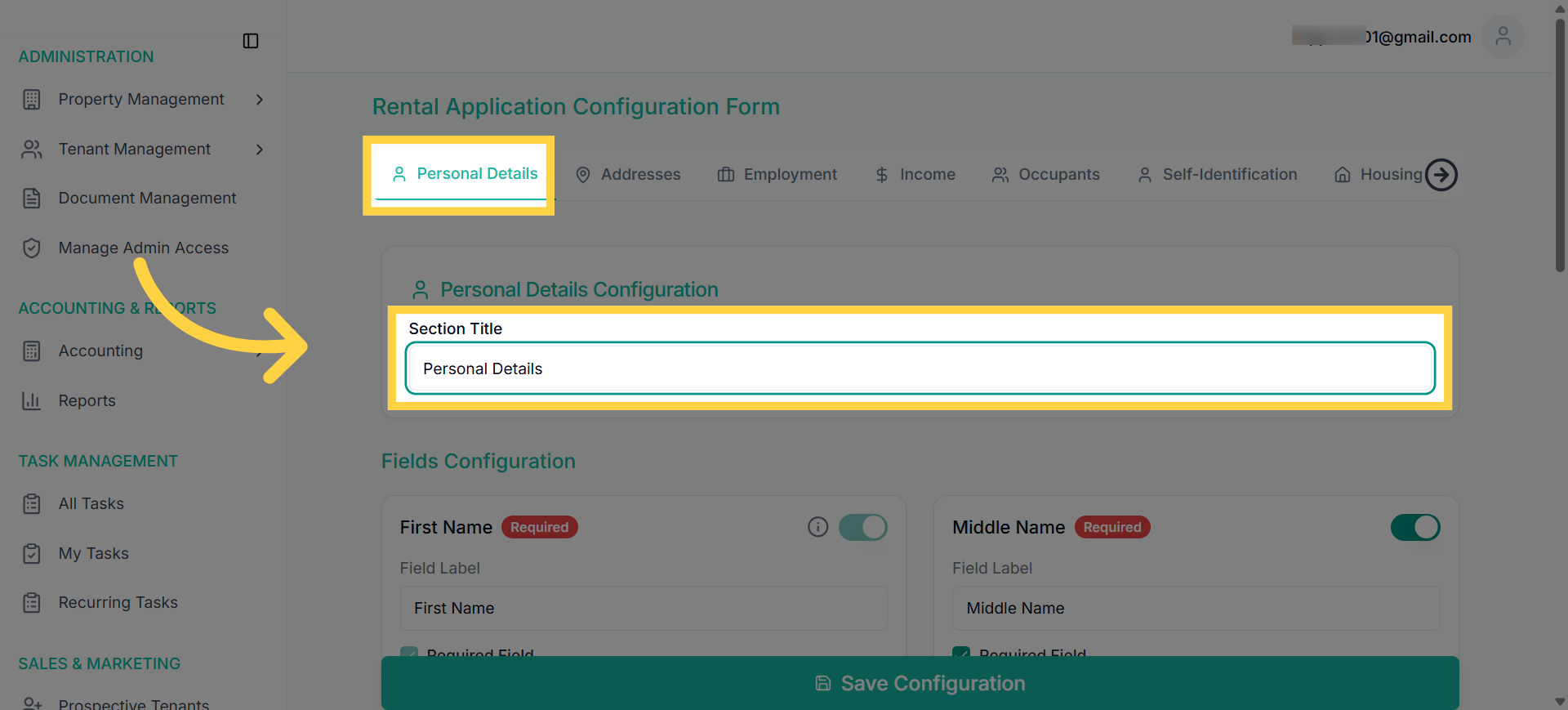 Click on section title to rename (e.g., Personal Information)