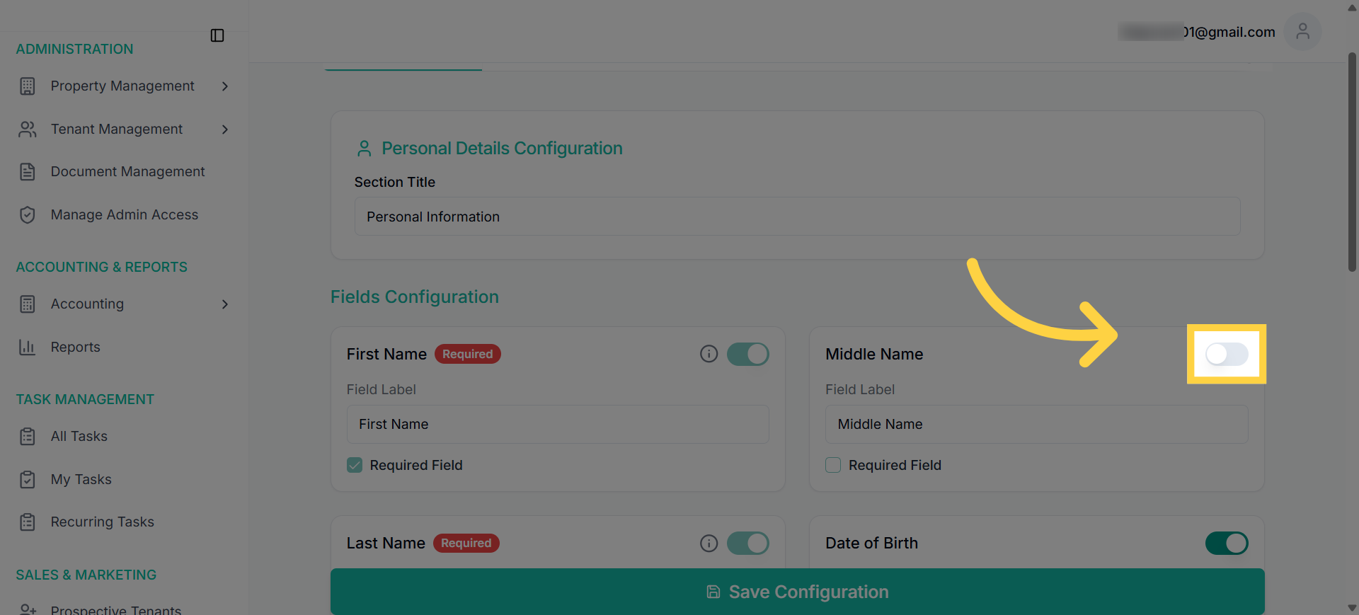 Toggle field on (e.g., Middle Name) to include in application