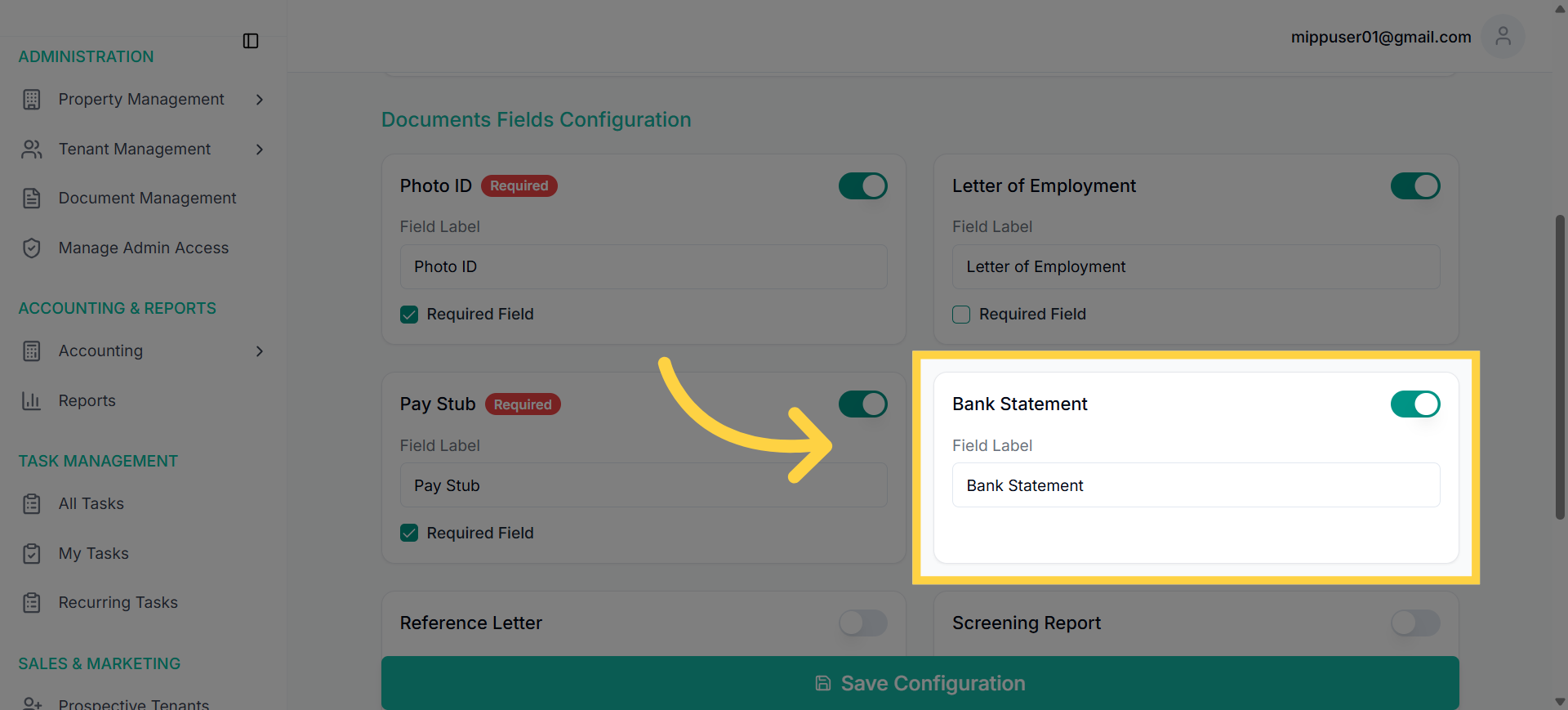 Toggle document fields on; some fields cannot mark as required