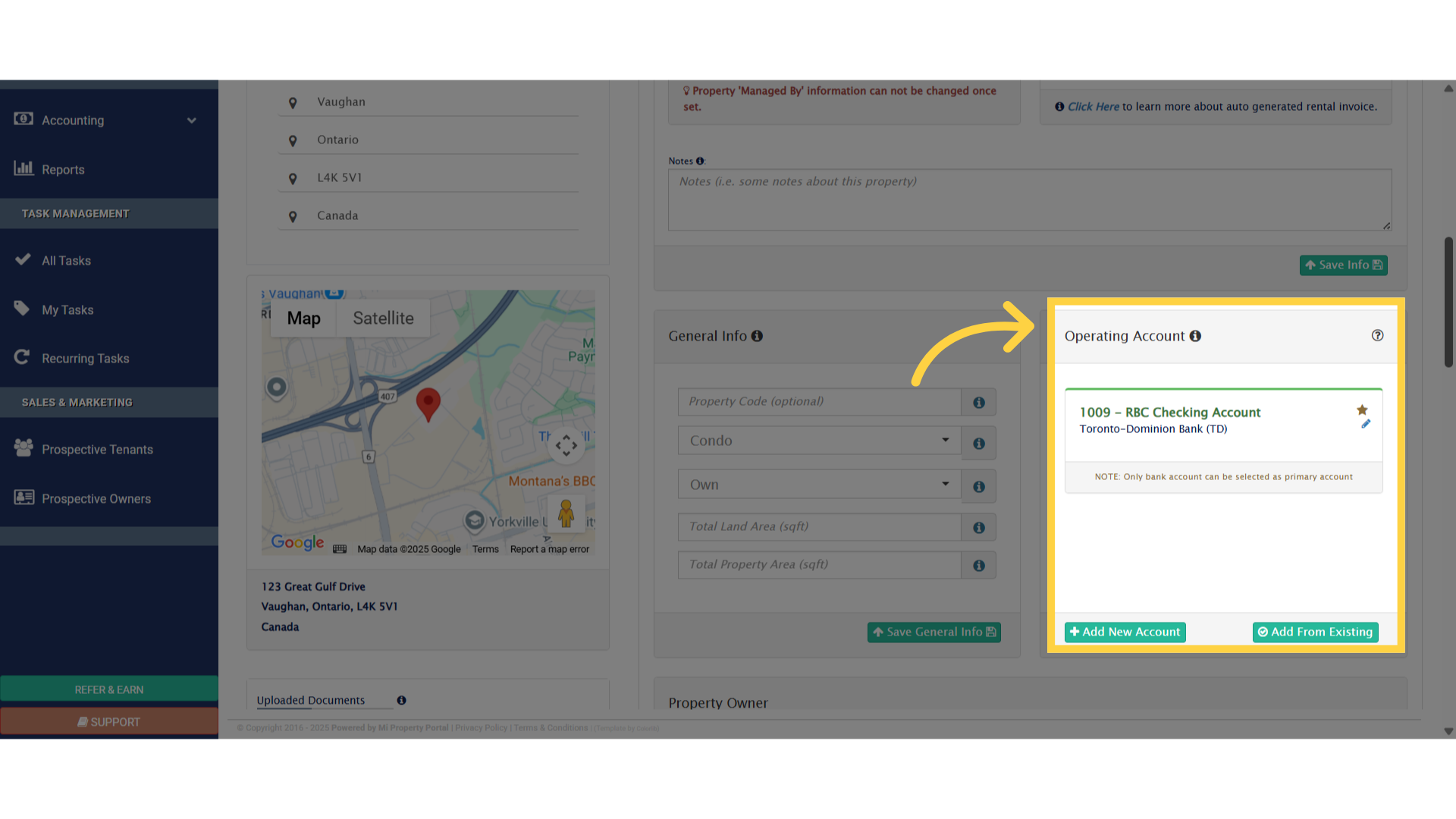 'Operating Account' section