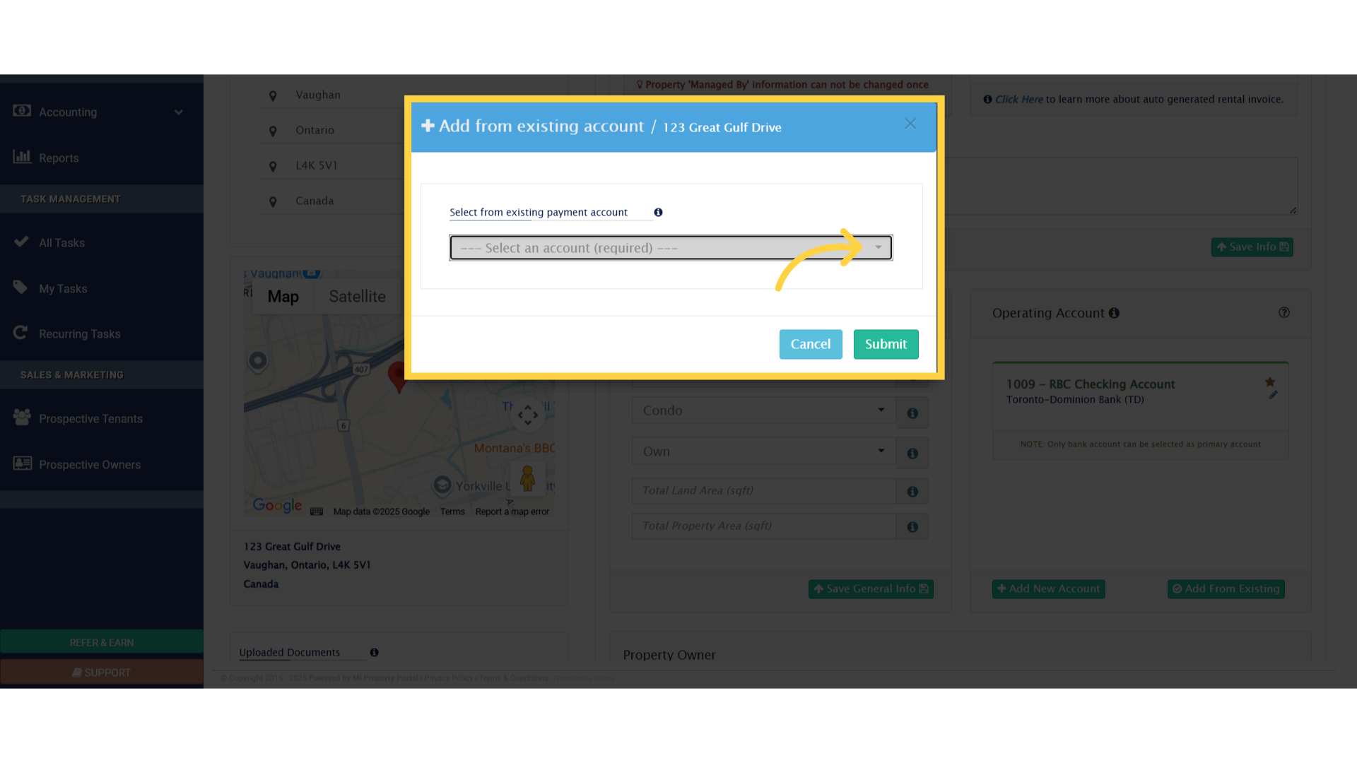 Click the dropdown labeled 'Select an account' to choose an existing account.