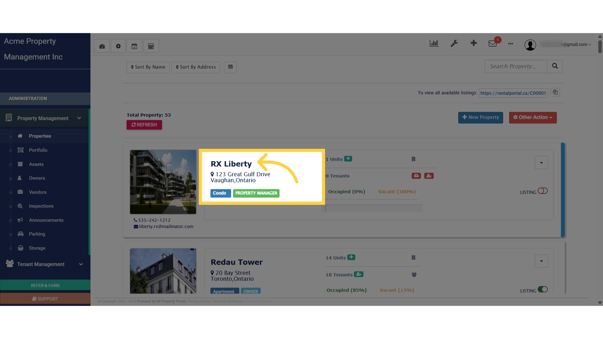 Select a property to get into the property details page.