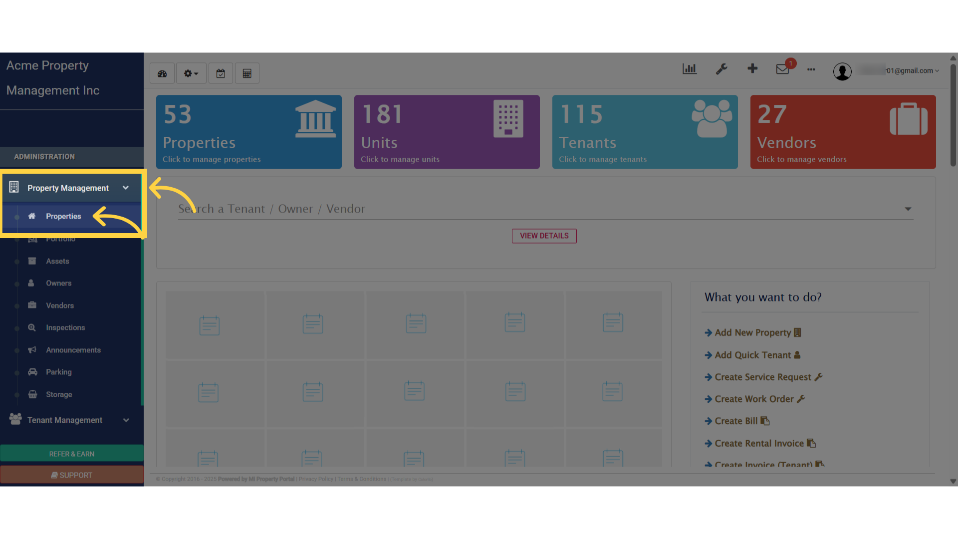 Select 'Properties' from under 'Property Mangement' dropdown