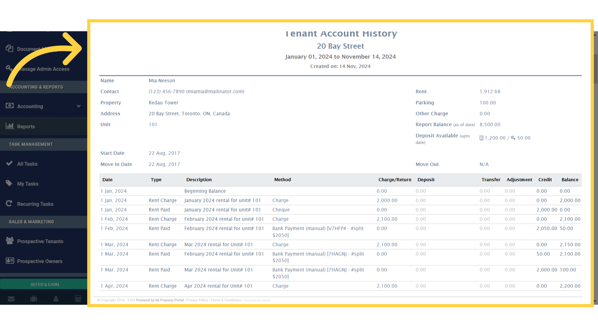 Click 'Tenant Account History 20 Bay Street January 01, 2024 to November 14, 2024 Created on: 14 Nov, 2024'