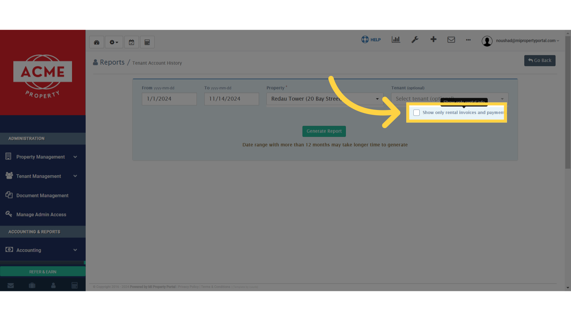 Click 'Show only rental invoices and payments'