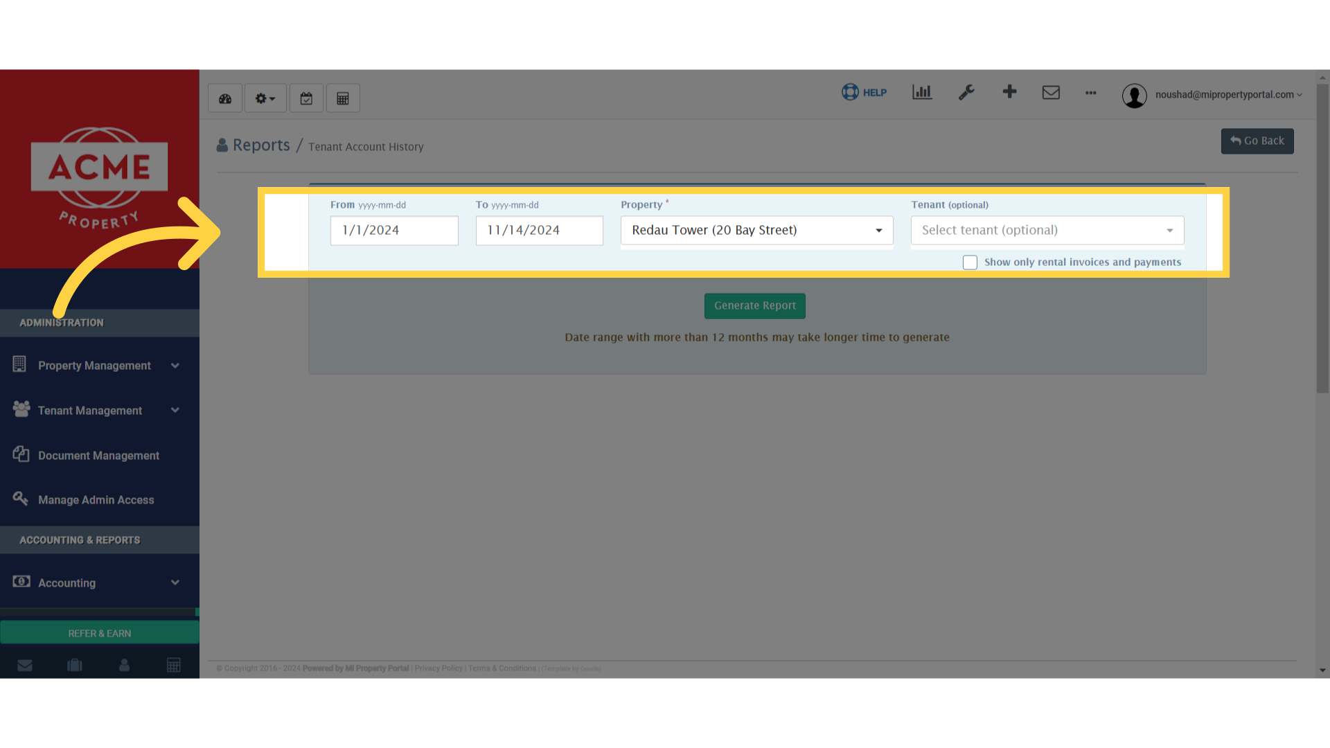 Click 'Reports / Tenant Account History'