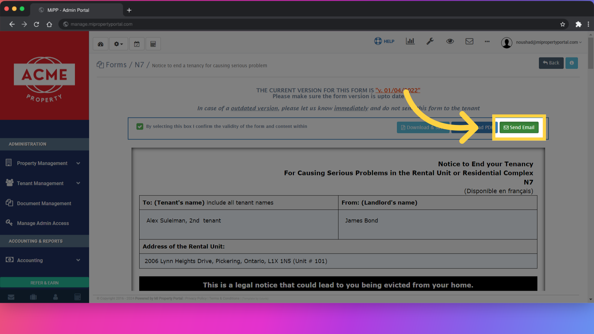 Click on 'Send Email'