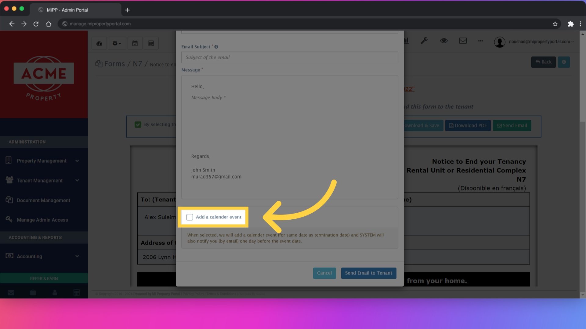 Tick the 'Add a calendar event' box to get notified