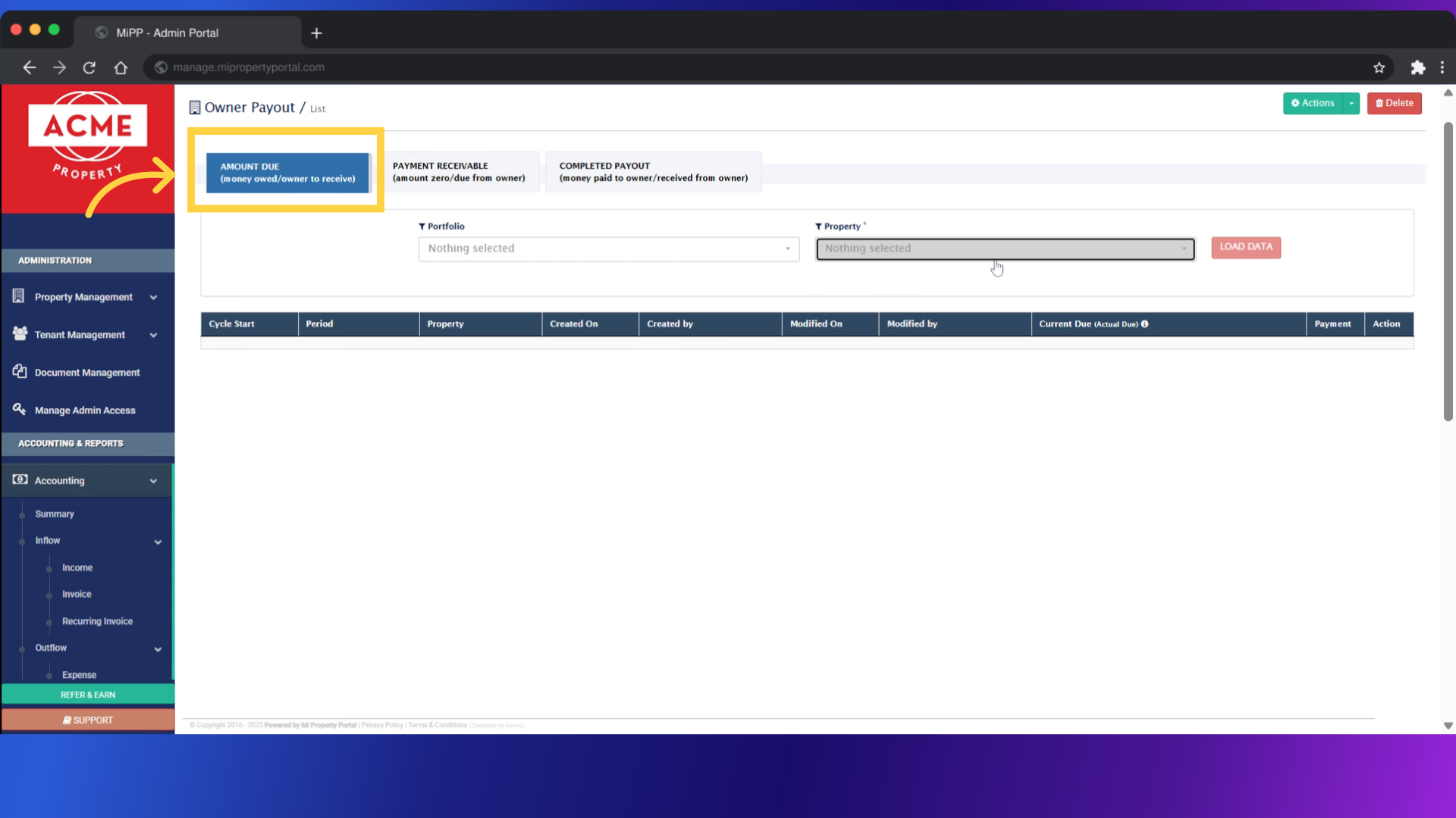 Then, once again, go to Owner Payout under the Accounting dropdown on the left navigation. If you need to pay the owner, the payout item will be listed under the Amount Due tab section