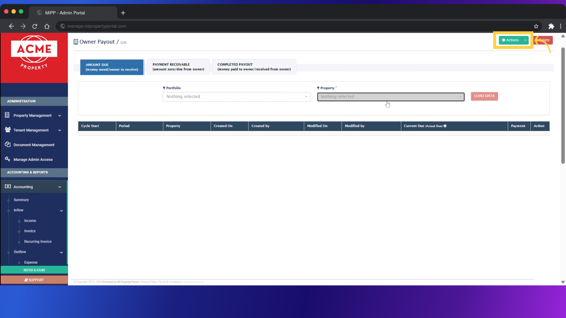 Now, to bulk create or recreate the payout items, simply click on the dropdown icon beside the Action button on the Owner Payout page