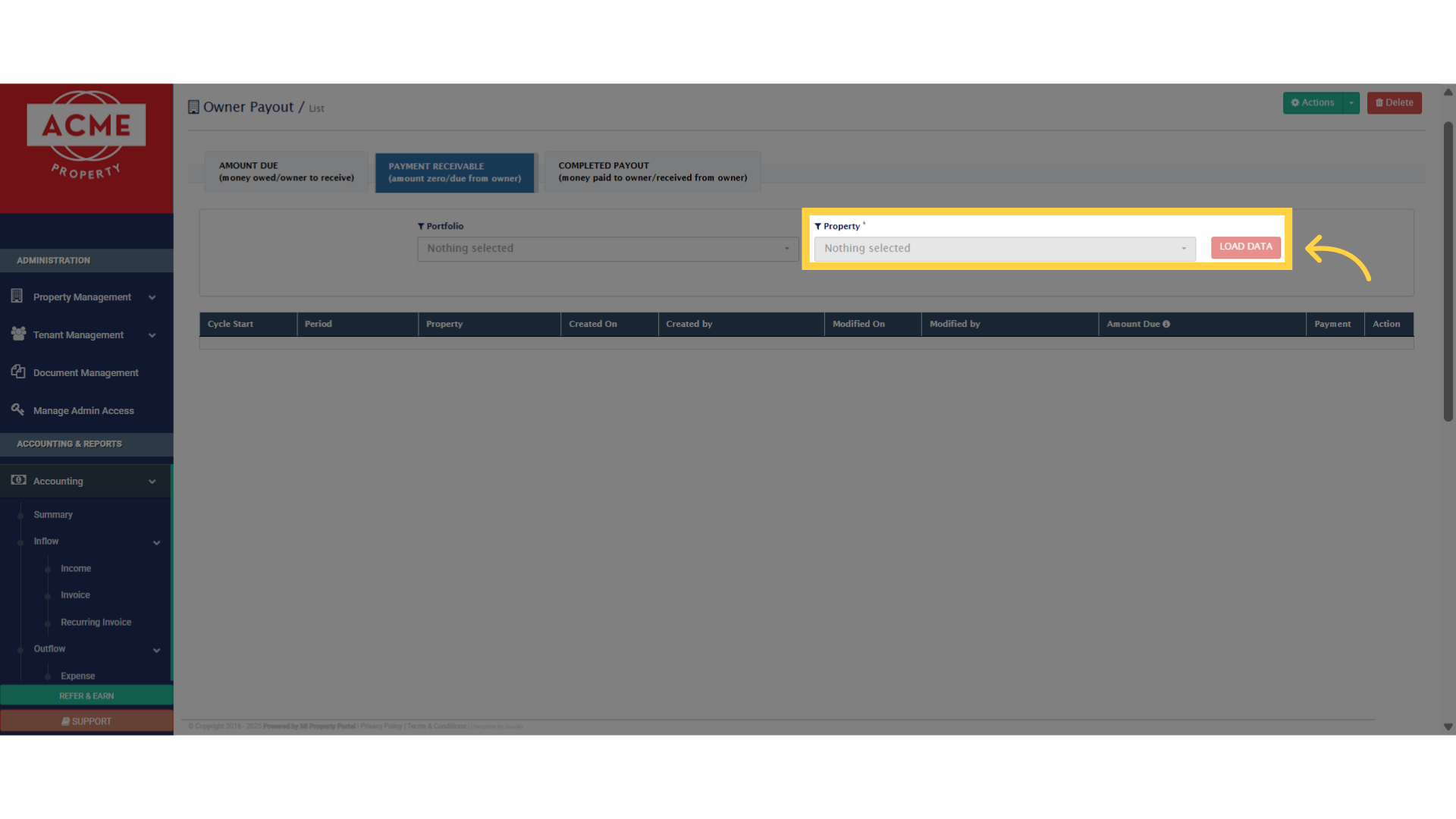 Once again, select a property from the dropdown and load the data