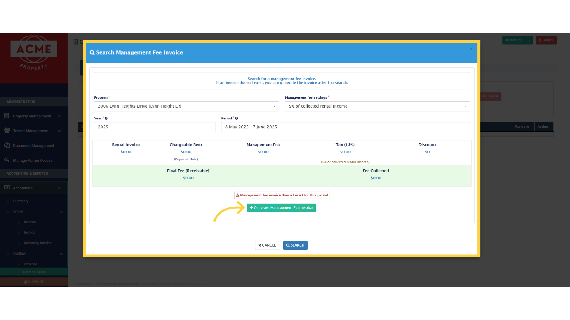 Click on Generate Management Fee Invoice, and that's it! The invoice will be created. Basically creating a payout line item
