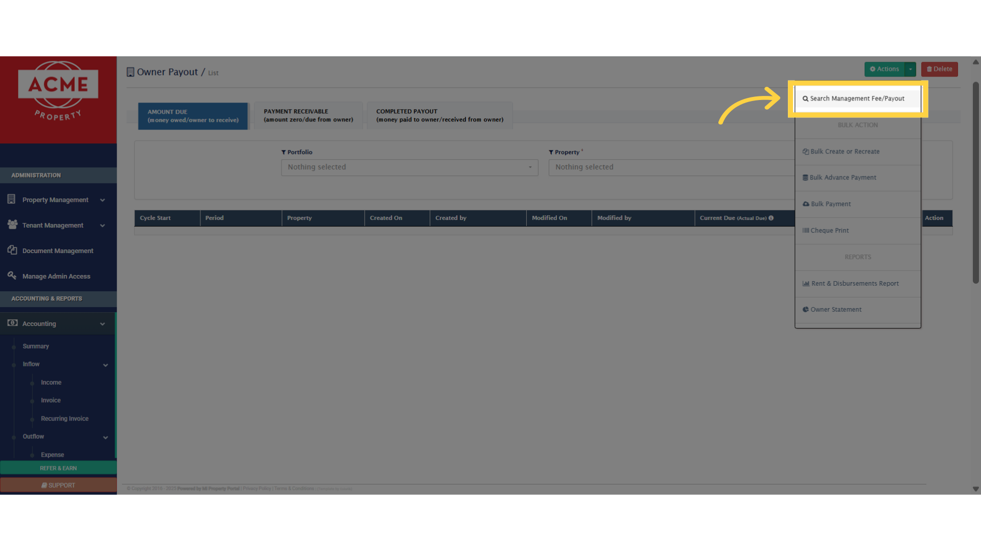 Initiate a search for Management Fee or Payout