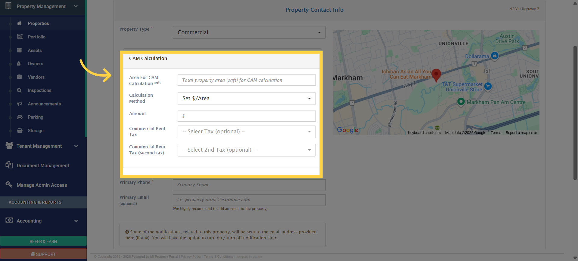 Click 'Area For CAM Calculation sqft'