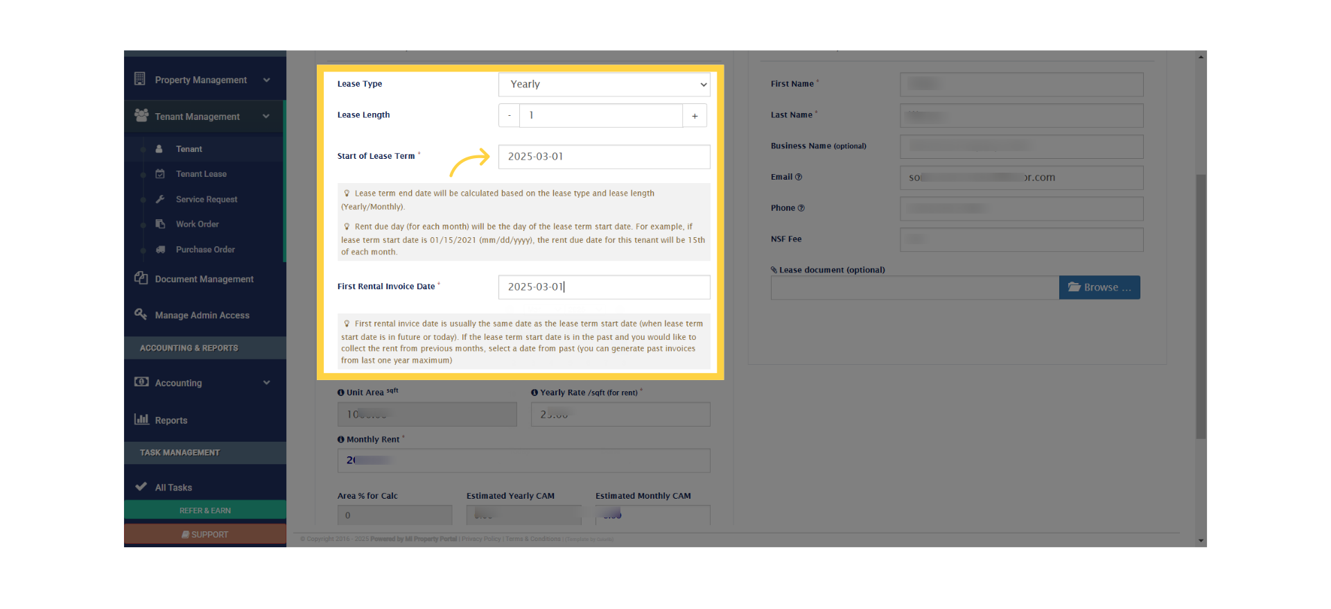 Next, choose the lease start date. The system will use the lease start date as The Rent Due Date for each month