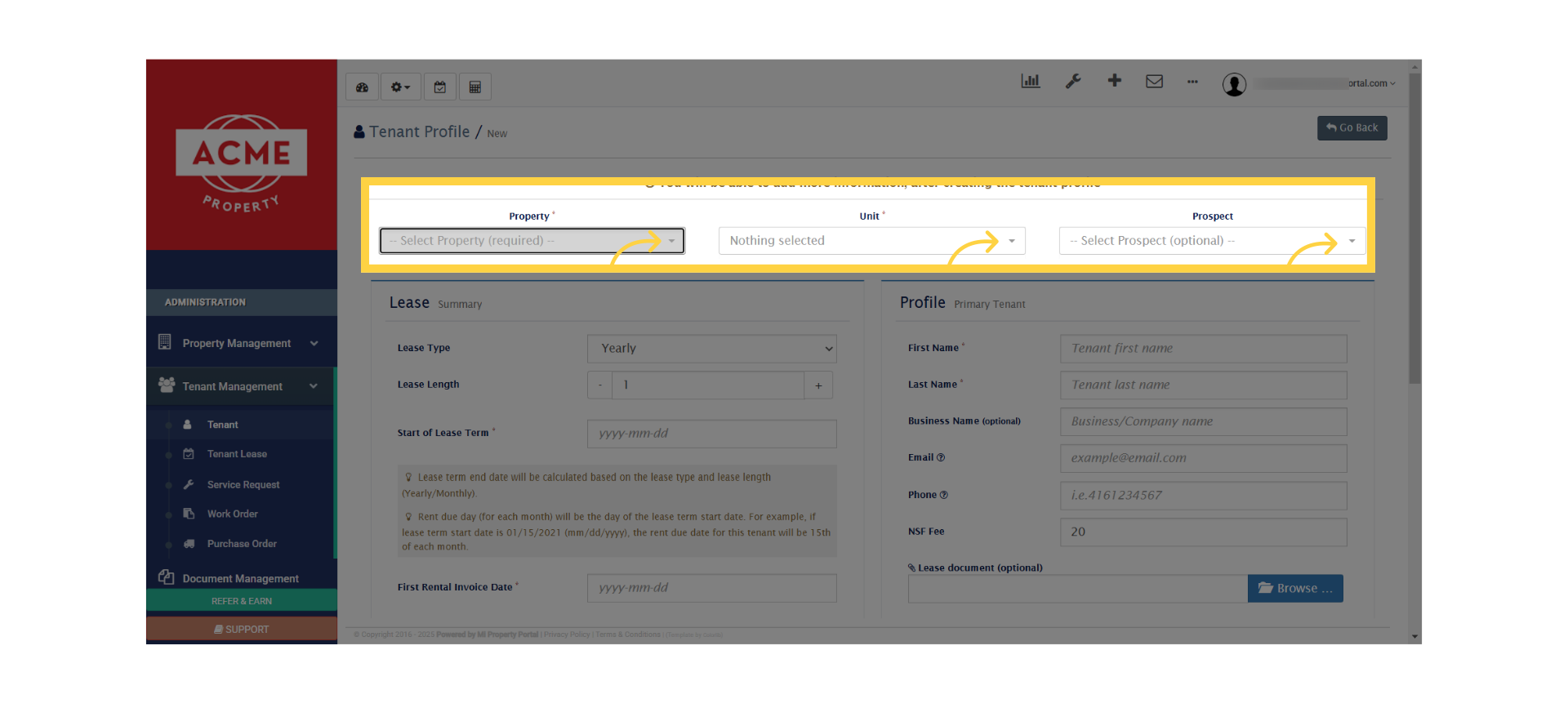 Select a property, and unit from the dropdown menu.