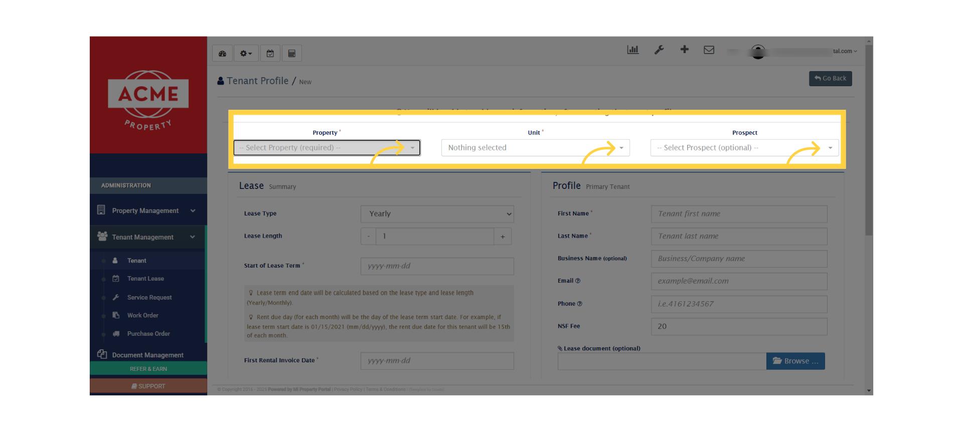 Select a property, unit and prospect from the respective dropdowns