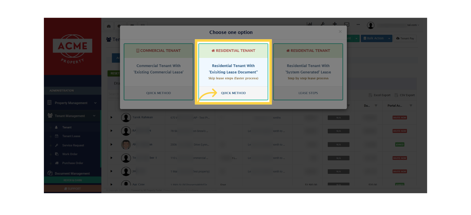 Okay so under Residential Tenant, select the Quick Method to proceed